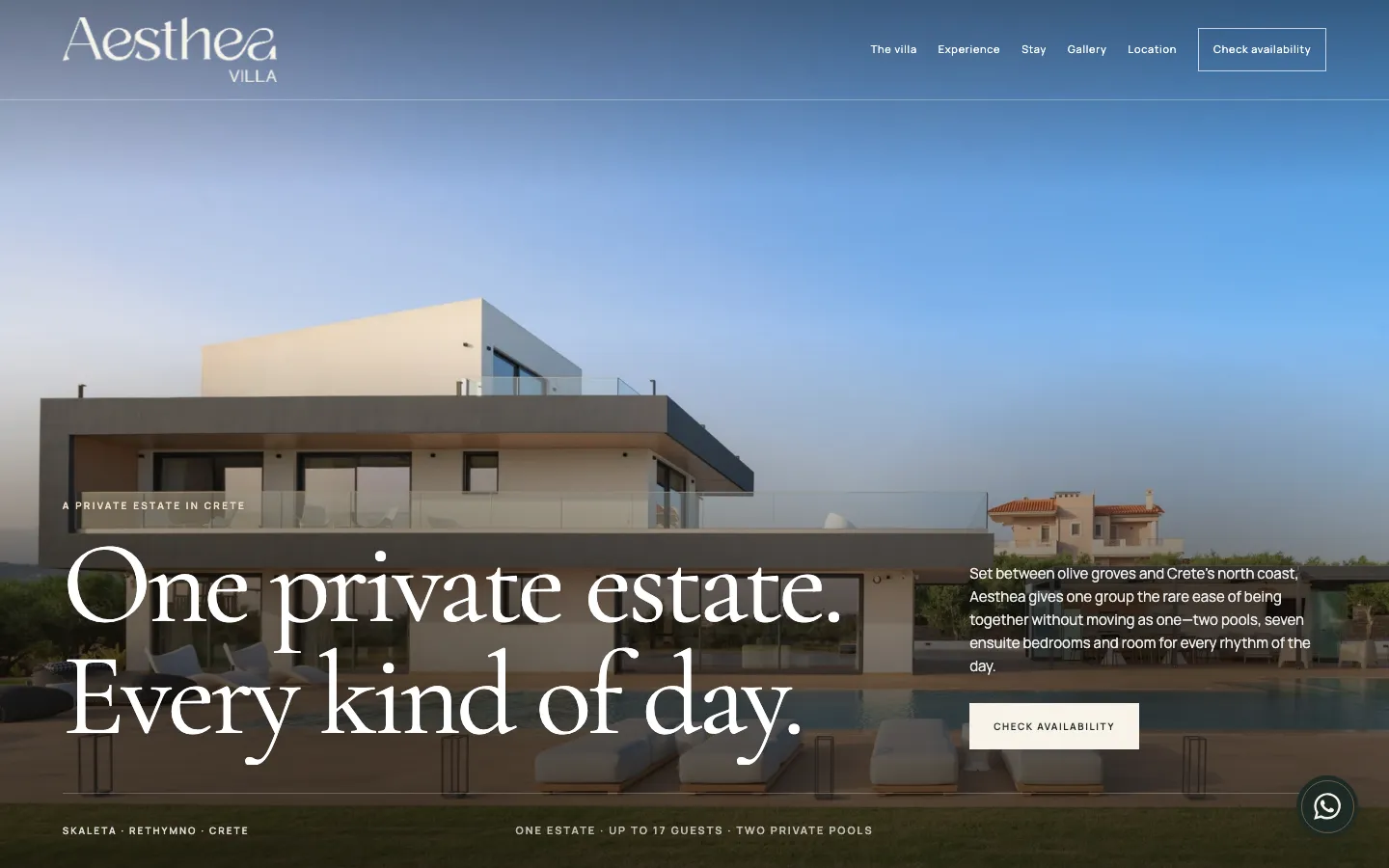 The Aesthea Villa home page: the estate at dusk under the headline “One private estate. Every kind of day.”