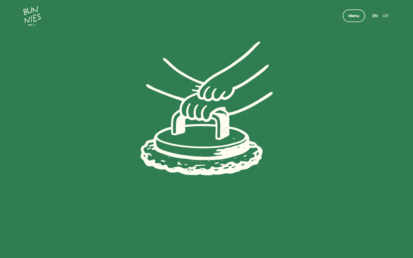 The Bunnies home page: a hand-drawn press smashing a burger patty, cream on green.