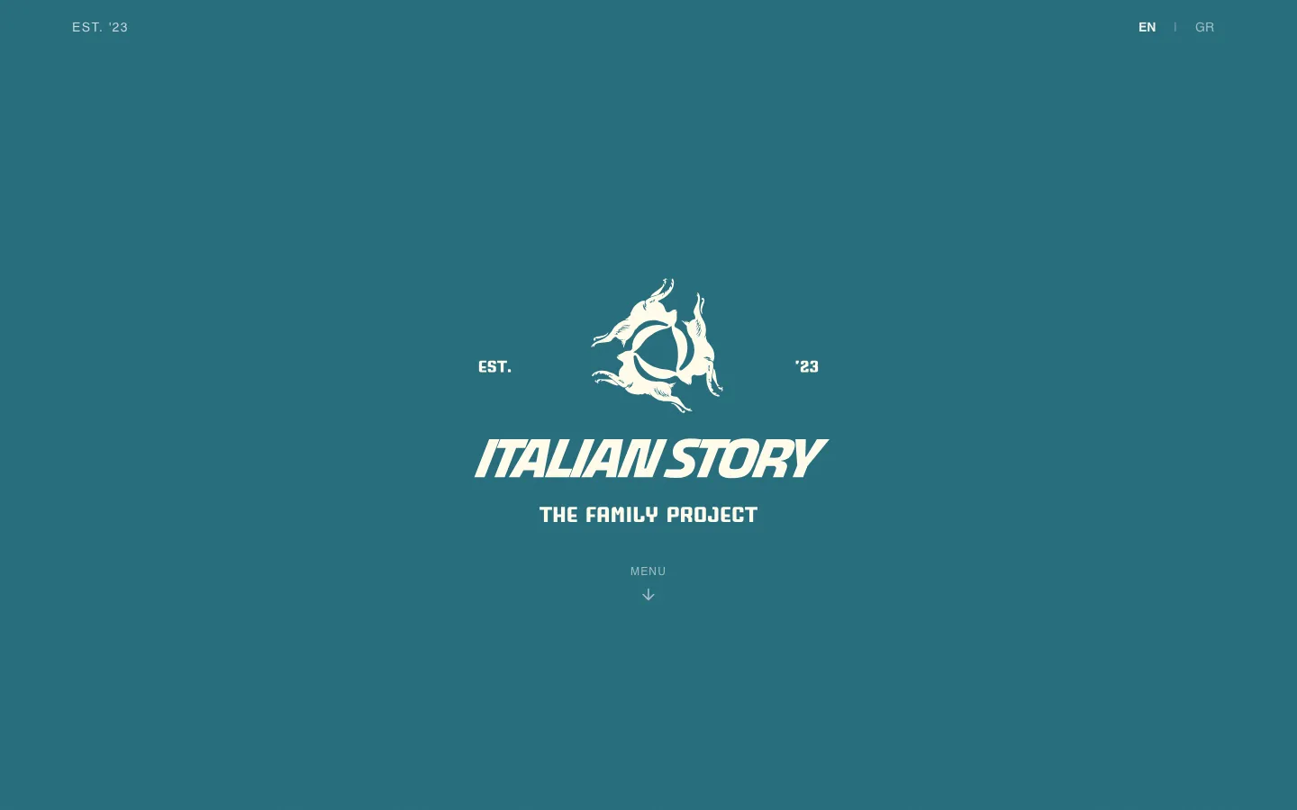 The Italian Story home page: the three-hare crest and the words “Italian Story, The Family Project” on teal.