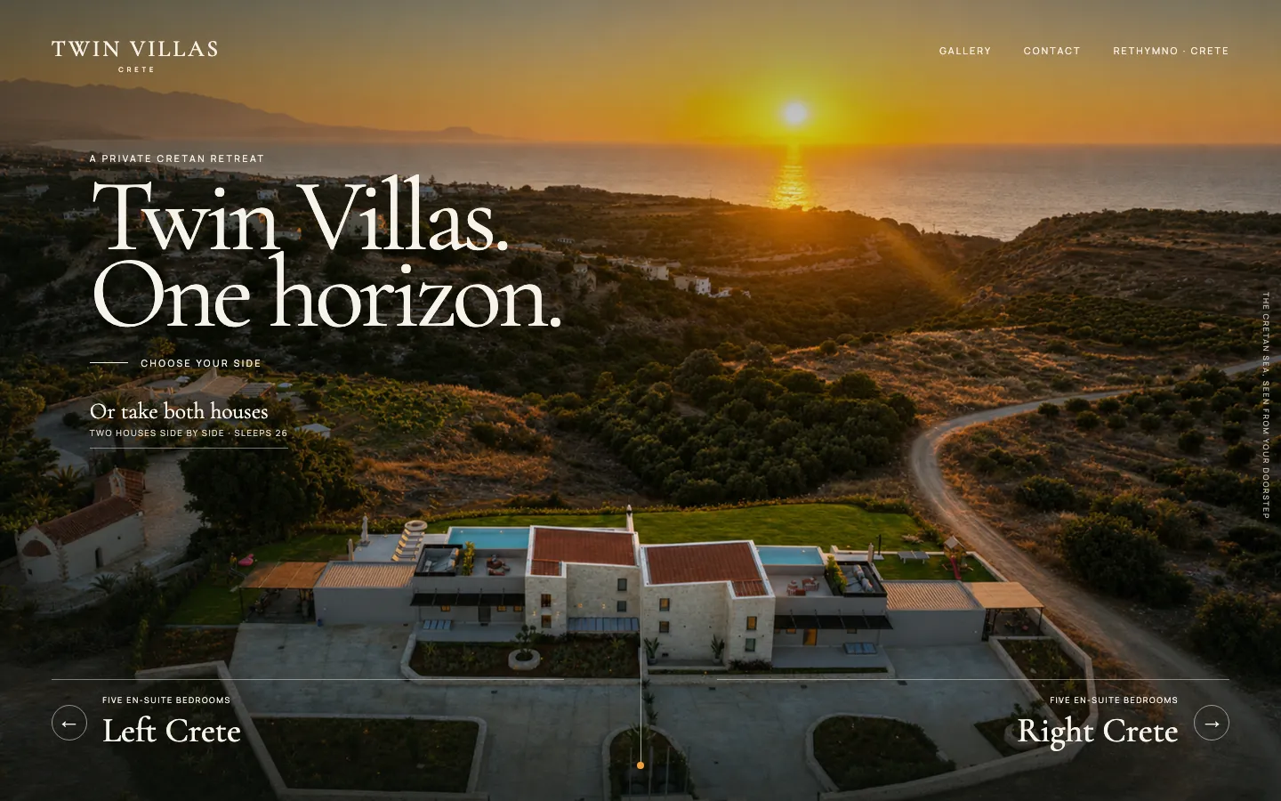The Twin Villas Crete home page: the two houses from above at sunset, with Left Crete and Right Crete to choose from.